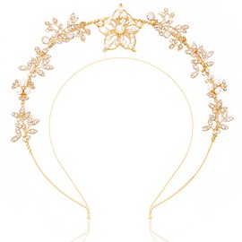 Barode Flower Crown Headband Silver Pearl Bride Wedding Tiaras Leaf Rhinestone Layered Headpiece Floral Bridal Princess Angel Prom Headwear for Women