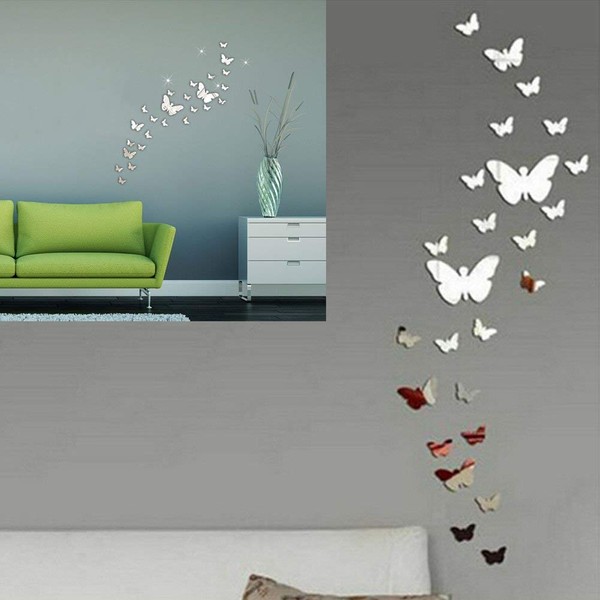 Butterfly Mirror Wall Stickers, 36pcs Acrylic 3D Wall Art Stickers Silver Mirror Stickers for Living Room Bedroom Office