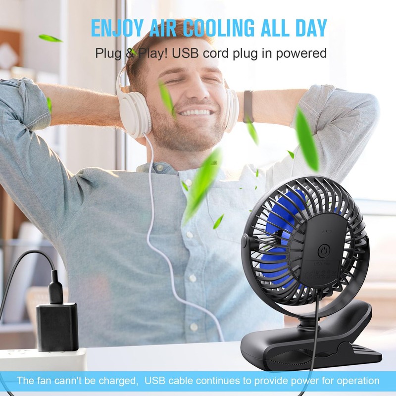 BESKAR USB Clip on Fan, Portable Small Fan with Cord
