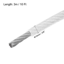 QUARKZMAN 10 mm (3/8 inch) Transparent Sheathed Wire Rope, 3 Metres / 10 Feet Galvanised Steel Cable with 2 Pieces M10 Loop Sleeves for Hanging, Railings and Garden Cables