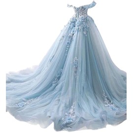 Ball Gown Tulle Off-The-Shoulder Sleeveless Applique Sweep/Brush Train Quinceanera Dresses Sky Blue