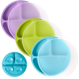WeeSprout 100% Silicone, Suction Dishware Plate with Lids for Babies Toddlers, Divided Design, Microwave & Dishwasher Safe, 3 Pack (Bright Green, Purple & Blue)