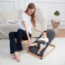 ANGELOGJGT Baby Bouncer - Portable Bouncer Seat for Babies, Ergonomic Design Baby Bouncy Seats Infant with Wood Grain Base Natural Vibrations, Grey