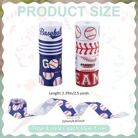 PH PandaHall 8 Rolls Baseball Ribbons 18m Sports Ball Printed Ribbon White Blue Red Grosgrain Baseball Ribbon Crafts Fabric Ribbons for Sports Party Gift Wrapping Crafting Decoration, 22mm Wide