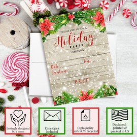 Amanda Creation Holiday Party Invitations with Envelopes – Winter Snow With Red Poinsettias, 4 Pack 5x7 Double Sided Fill-In Invite Cards with Four White Envelopes Perfect for Festive Parties