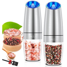 Gravity Salt and Pepper Mill Set, Pepper Grinder with Ceramic Rotor, Acrylic Container,Stainless Steel Middle, Blue LED Light,Battery Powered, Adjustable Coarseness,One Hand Use,Sliver, By Rongyuxuan