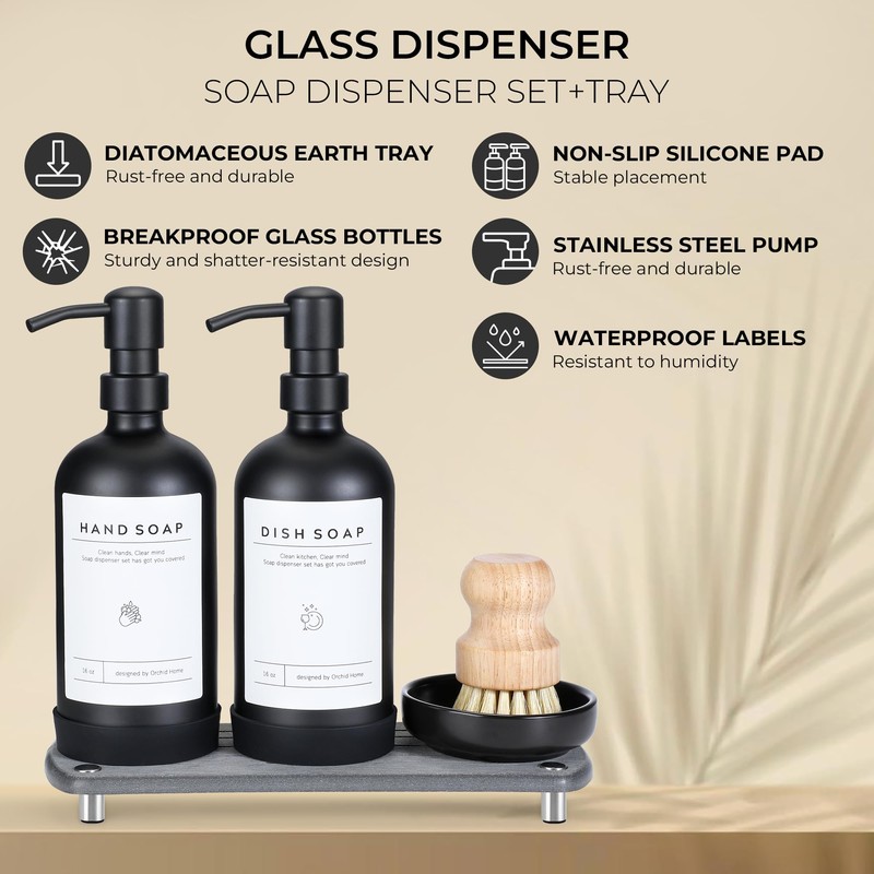 [Luxury] Kitchen Soap Dispenser Set - 16OZ Black Glass Bottle,