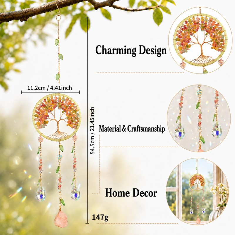 Tree of Life Crystal Suncatcher with Rose Quartz, Crystal Decor