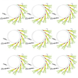 JolliLudo 9 Pcs Mackerel Feather Rigs Saltwater Sea Fishing - 3 Size 12# 16# 18# Pre-Tied Fishing Bait Hooks with Luminous Beads & Bionic Insects Lure Hooks for Pollock, Cod, Bass, Herring