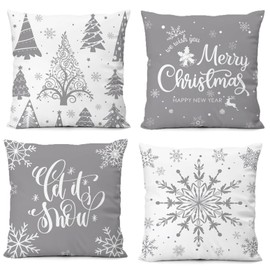 KEIROUTK Christmas Cushion Covers Grey White Cushions Cushion Covers 45 X 45 Set Of 4,Xmas Cushion Covers Christmas Stag Snowflake Cushion Covers