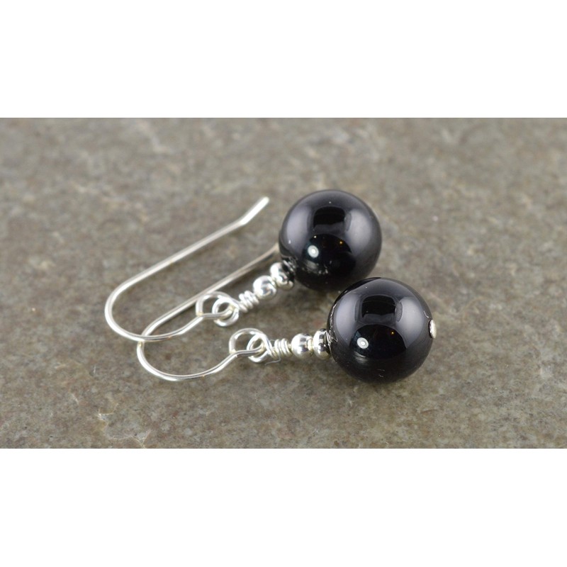 Large 10mm Black Onyx Gemstone & Sterling Silver Drop Earrings