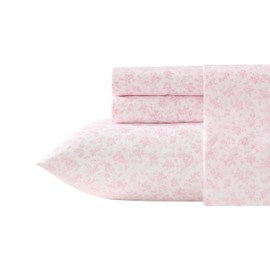 Laura Ashley - Queen Bed Sheets, Crisp & Cool Cotton Percale Bedding with Matching Pillowcases, Lightweight Bed Set, Oeko-Tex Certified (Floral Toile Pink)