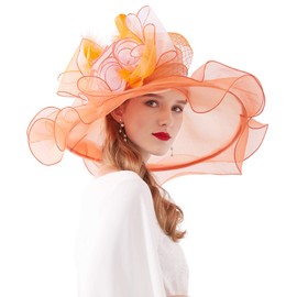 RZTA Women's Kentucky Derby Church Dress Hat Wide Brim Leaf Flower Bridal Shower Hat C1 Orange