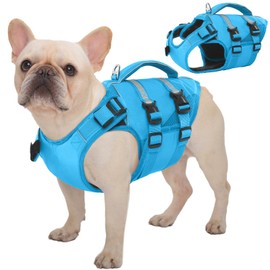 Kuoser Small Life Jacket for Dogs, Life Jacket with Handle and Reflective, Adjustable Dog Life Jacket, Life Jacket for Small Dogs with Improved Buoyancy, Blue, S