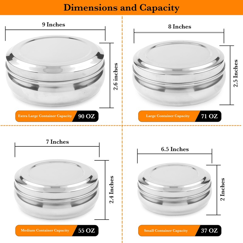 CRAFTONE Stainless Steel Storage Dabba Containers Set of 4 Pcs,