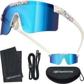 HTS HUNTERSKY Huntersky Z87 Small UV400 Baseball Sunglasses for Youth Kids Women, Running Cycling outdoor Sports Shades, F31d White-red Blue Dot / Blue White, Small
