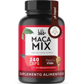 LIFE 360+ Maca Mix | 240 Cápsulas | Mezcla de Maca Negra, Maca Amarilla, Maca Roja y Celulosa | Suplemento Alimenticio | 240 Cápsulas de Gelatina Dura a Base de Maca | 240 Cápsulas por Envase
