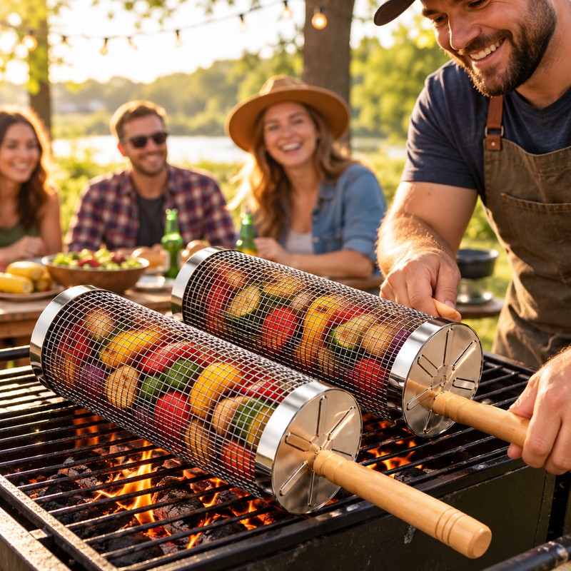 4-Pack Stainless Steel Rolling Grill Baskets for BBQ – Wooden