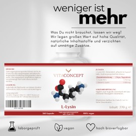 L-Lysine I 360 Capsules I 800 mg Pure L Lysine from 1000 mg L-Lysine HCl/Day I High Dose I From Vegetable Fermentation I No Genetic Engineering I Vegan I No Unnecessary Additives I VITACONCEPT