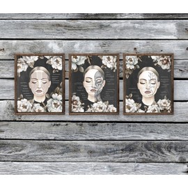 Gnosis Picture Archive Facial Anatomy With Peony Flowers Set of 3 Unframed Art Prints Med spa Esthetician Gift Wall Decor, Beige, white
