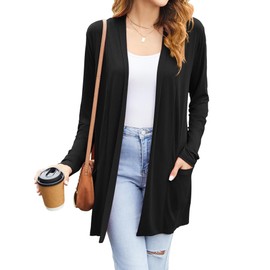 Newchoice Women's Open Front Lightweight Long Sleeve Cardigan Sweaters with Pockets Loose Dressy Casual Jackets (Black, M)
