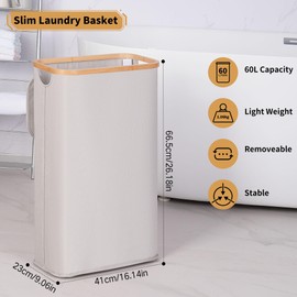 iEGrow 60L Slim Laundry Hamper, Narrow Laundry Basket with Lid,Foldable Clothes Hamper with Bamboo Handles,Hamper Basket with Removable Inner Bag for Laundry Room Bedroom College Dorm（Light Grey）