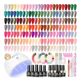 COSCELIA 60PC Gel Nail Polish Kit with U V light 55 Colors Gel Nail Polish Set 5PC Top Base Coat Glitter Rhinestones All Seasons French Manicure Starter Kit at Home Valentines Gifts for Women Girls