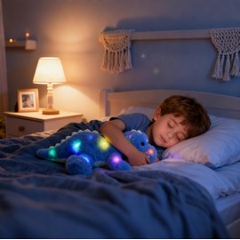 Hopearl LED Musical Stuffed Dinosaur Lighting Up Singing Soft Floppy Plush Toy Adjustable Volume Lullaby Animated Soothe Birthday Gifts for Kids Toddlers, Blue, 12.5''