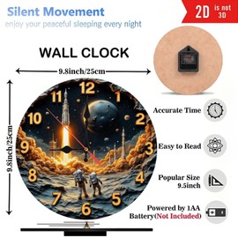 Space Rocket Launch Astronauts Moon Clock Wall Art 10-Inch Wooden Wall Clock, Silent Movement, Battery Operated (AA Batteries Not Included), Artistic Home Decor, Perfect for Home Accents