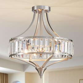 Cabvope Brushed Nickel Chandeliers for Dining Room, 22 Inch Crystal Light Fixture, 6-Light Modern Round Large Chandeliers for Kitchen Hallway Bedroom Foyer Hall, Adjustable Height Hanging Light