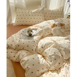 Covebett Bed Linen Heart 135 x 200 cm Beige Brown Hearts Pattern Aesthetic Cute Duvet Cover Set Romantic Hearts Heart Pattern Microfibre Single Bed Duvet Cover and Pillowcase 80 x 80 cm Zip