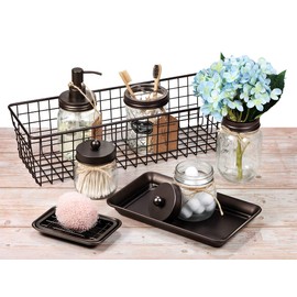 Mason Jar Bathroom Accessories Set (8 PCS) - Lotion Soap Dispenser,Toothbrush Holder,2 Apothecary Jars, Flower Vase,Soap Dish,Vanity Tray,Toilet Paper Holder Storage Bin,Farmhouse Decor (Bronze)