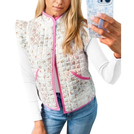 Tankaneo Womens Puffer Vest Ruffle Sleeveless Floral Printed Cropped Quilted Vest Lightweight Padded Gilets Coats