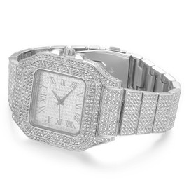 Halukakah Diamonds Gold Watch Iced Out, Men's Platinum White Gold Plated Quartz Wristband 9.5" Square Dial, with Tennis Chain Necklace 18", Comes with Gift Box