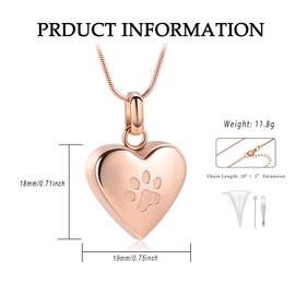 VCCWYQK Cremation Jewelry for Ashes for Dog Paw Print Pet Heart Urn Necklace for Pet Memorial Keepsake Jewelry (Rose Gold)