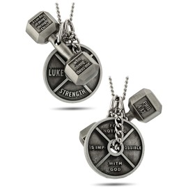 Shields of Strength Women's Weight Plate and Dumbbell Pendant Combo Necklace Philippians 4:13 & Luke 1:37 Bible Verses Weightlifters Christian Jewelry