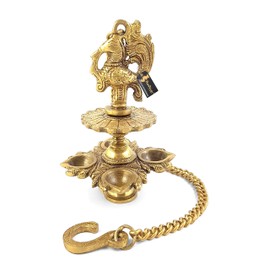 Two Moustaches Brass Peacock Design 4 Oil Wick Hanging Diya for Home Decor, Temple Decor (Golden, 5x5x6 inches, 900g, Vegetable Oil)
