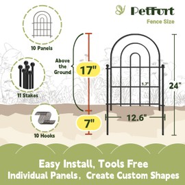 Garden Fence Border, 17 in (High) x 10 ft (Long) Decorative Metal Garden Fencing for Animal Barrier, 10 PCs Small Flower Beds Panels Fences with Hooks