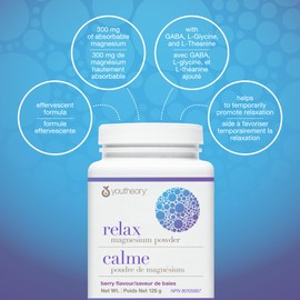 Youtheory Relax Magnesium Powder, with GABA, L-theanine and L-Glycine, Berry Flavour, 126 g