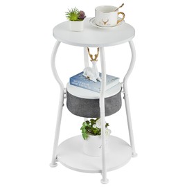 ZEXVIDA Small Round Side Table with Storage Bag, 3-Tier Accent Round End Table with Four Storage Functions for Living Room, 21.6" H Vintage Smalls Corner Table for Small Spaces Nightstand Bedroom