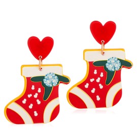 QUPENGXU Heart-shaped Acrylic Christmas Earrings Statement Festival Drop Dangle Earrings For Women (Socks)
