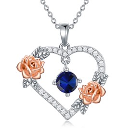 SLIACETE Love Heart Birthstone Necklaces for Women 925 Sterling Silver Rose Flower Pendant Birthday Valentines Day Jewelry Gifts for Wife Girlfriend Mom (September-Sapphire)