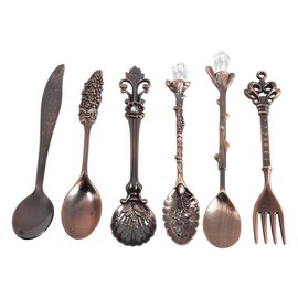 Juego de cucharas vintage, juego de cubiertos retro 6 piezas aleación zinc resistente dorado plateado latón rojo antiguo para mesa hogar boda aniversario regalo cuchara postre café té helado tamaño