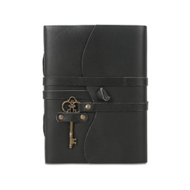 Leather Journal with Deckle Edge Paper 8x6 inch and Vintage Key | Handmade Writing Notebook Diary | Bound Daily Notepad for Men & Women Medium, Sketch/Writing pad for Artists (Black)