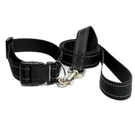 Plain Black Colour Dog Collar And Lead Matching Set Combo Pet Puppy Animal Adjustable Comfortable Accessory Medium 30cm - 45cm