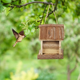 Relaxdays Wooden Bird Feeder for Hanging, Garden, Bird Feeder, Small Birds, H x W x D 19.5 x 15 x 12.5 cm, Natural