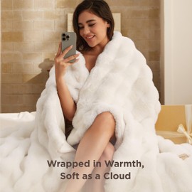 Bedsure GentleSoft Fluffy Faux Fur Throw Blanket, Fuzzy Soft Bubble Blanket for Couch, Faux Fur Decor for Bedroom Living Room Housewarming, Thick Warm Furry Cozy Gifts for Women, Cream, 50x60 Inch