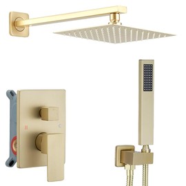 Heable Brushed Gold Shower System Bathroom Luxury Rain Mixer Shower Combo Set Wall Mounted Rainfall Shower Head System Shower Faucet Rough-in Valve Body and Trim Included