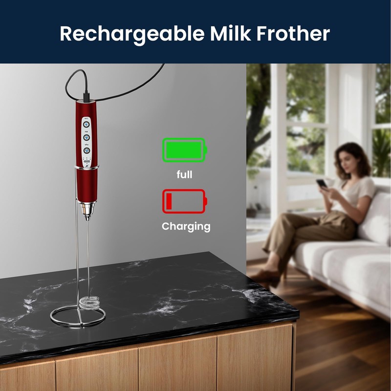 Sakgos Milk Frother with Stand Rechargeable-Handheld Frother Wand with 3