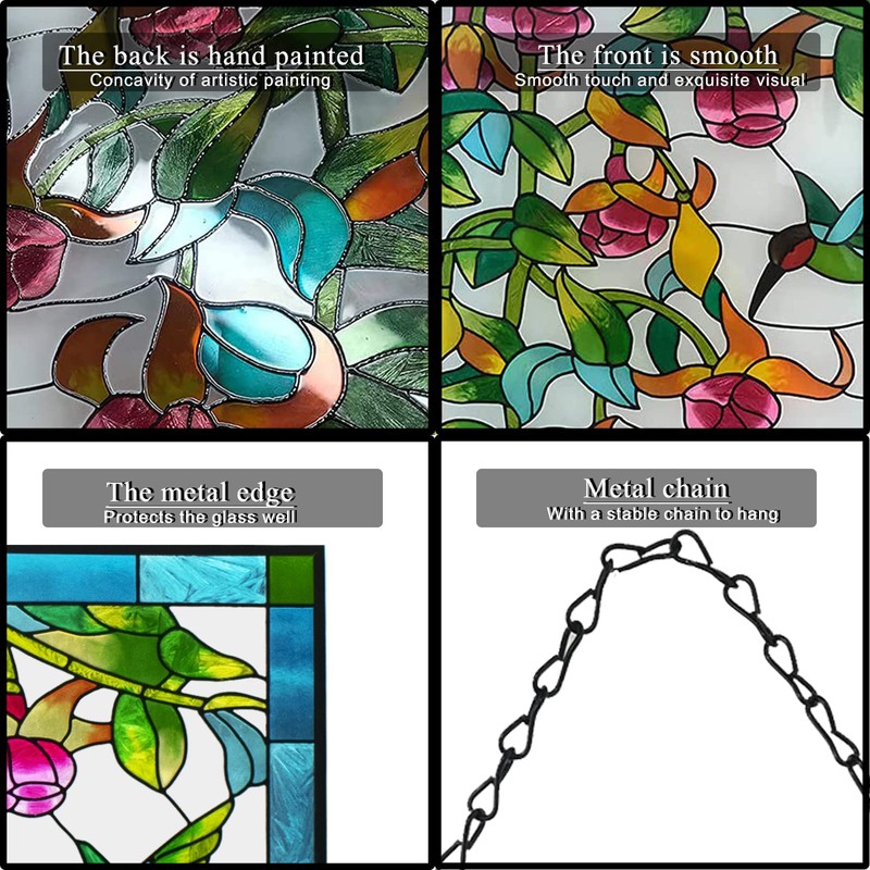 VEWOGARDEN W10xH15 inch Hummingbird Stained Glass Window Hangings, Suncatcher Panel